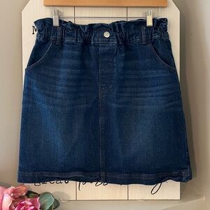 Loft Paper Bag Elastic Waist Pull On Denim Mini Skirt Dark Wash Pockets